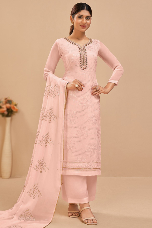 Salmon Peach Georgette Embroidered Palazzo Suit