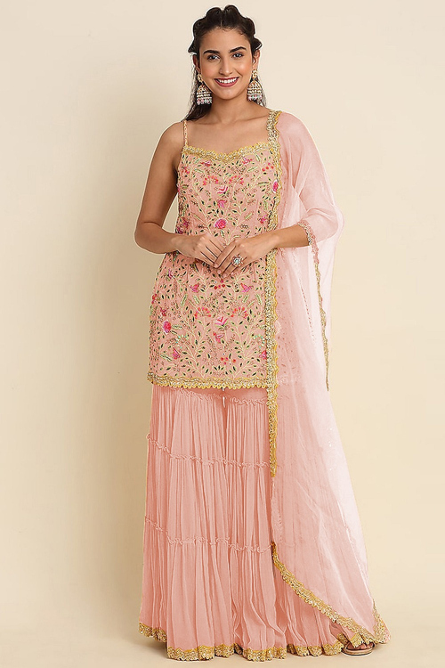 Salmon Peach Georgette Embroidered Staright Cut Sharara Suit 