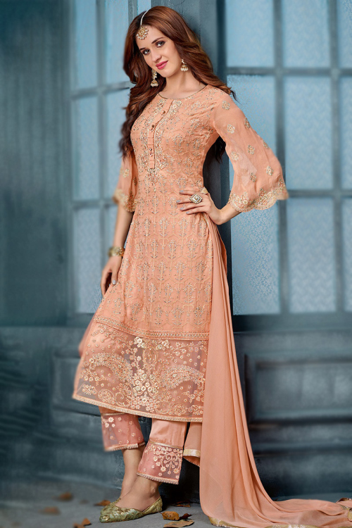 Salmon Peach Georgette Embroidered Straight Cut Trouser Suit
