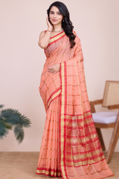 Salmon Peach Kota Doria Woven Zari Light Weight Saree