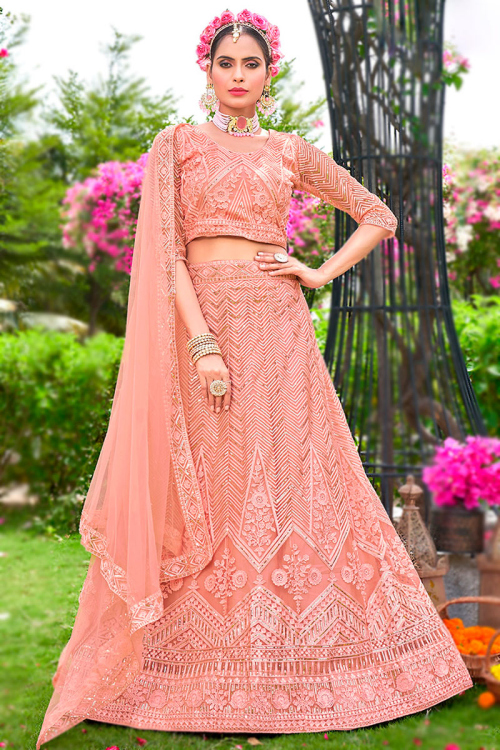 Salmon Peach Net Resham Embroidered Flared style Lehenga 