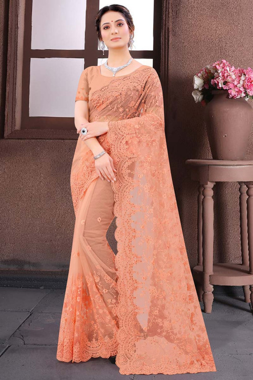 Glitzy Peach Color Organza Base Saree With Matching Blouse