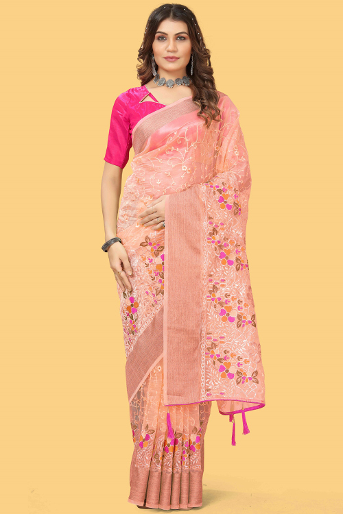 Salmon Peach Organza Embroidered Light Weight Saree 