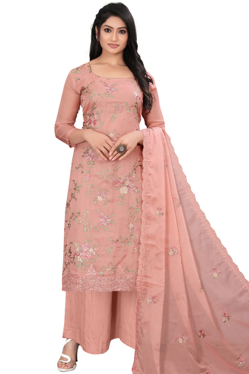 Salmon Peach Organza Embroidered Straight Cut Suit 