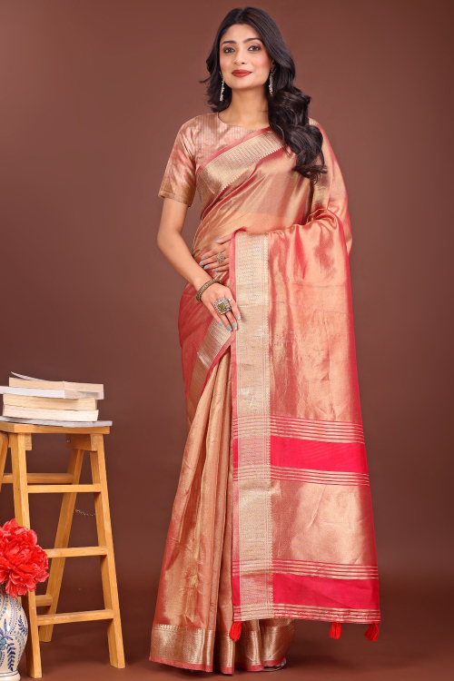 Salmon Peach Organza Silk Saree with Weaved Work For Diwali