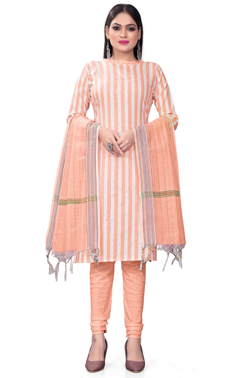 Salmon Peach Printed Cotton Casual Wear Churidar Suit 