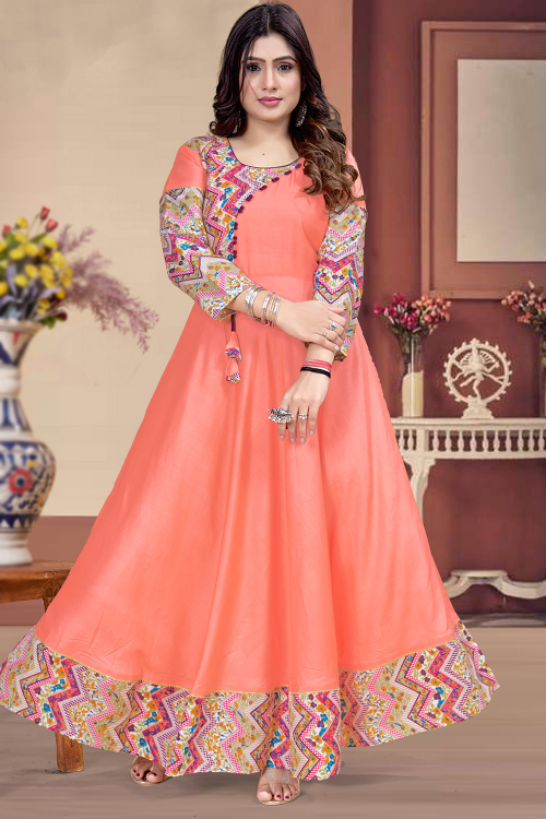 Salmon Peach Rayon Printed Casual Wear Ready Made Kurti