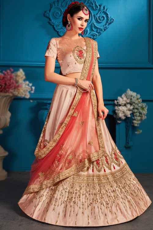 Salmon Peach Satin Embroidered Panelled Lehenga