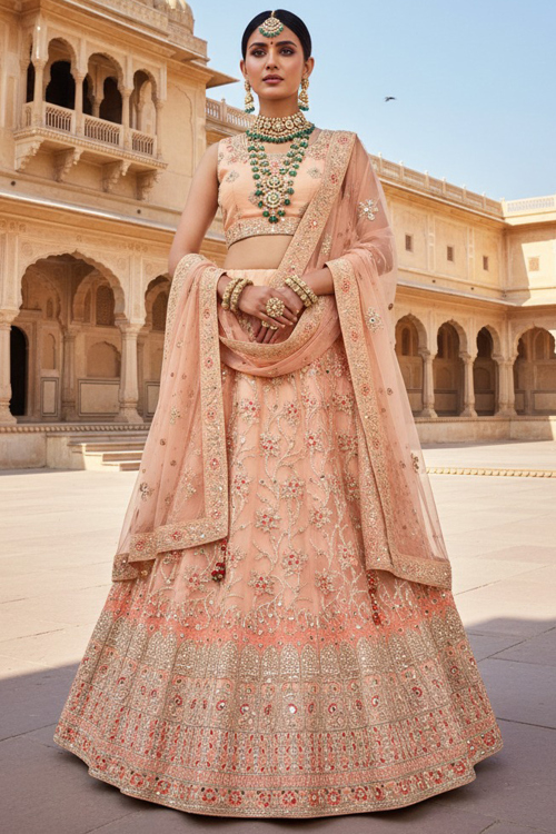 Salmon Peach Sequins Embroidered A Line Net Lehenga 