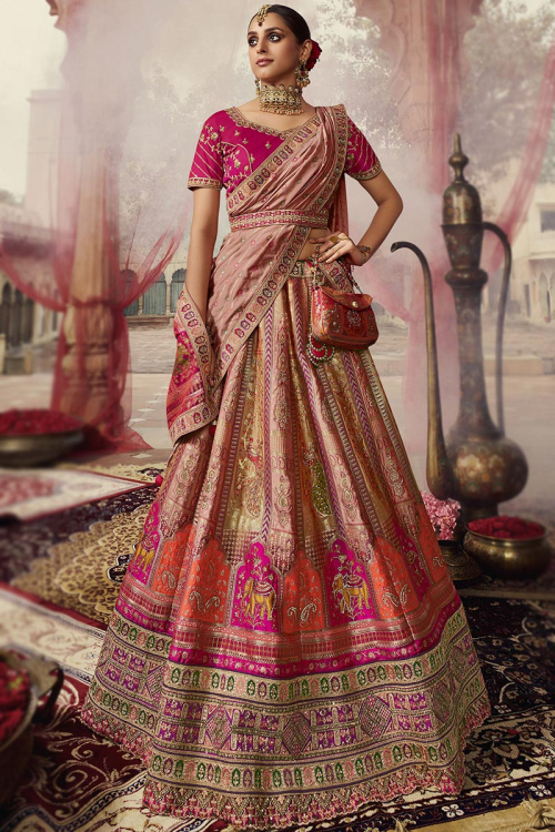 Salmon Peach Silk Dori Embroidered Panelled Lehenga