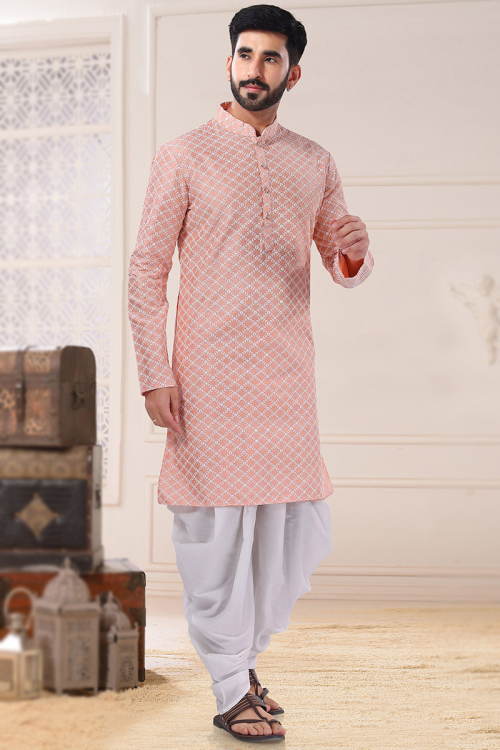 Salmon Peach Silk Embroidered Men Kurta Pajama