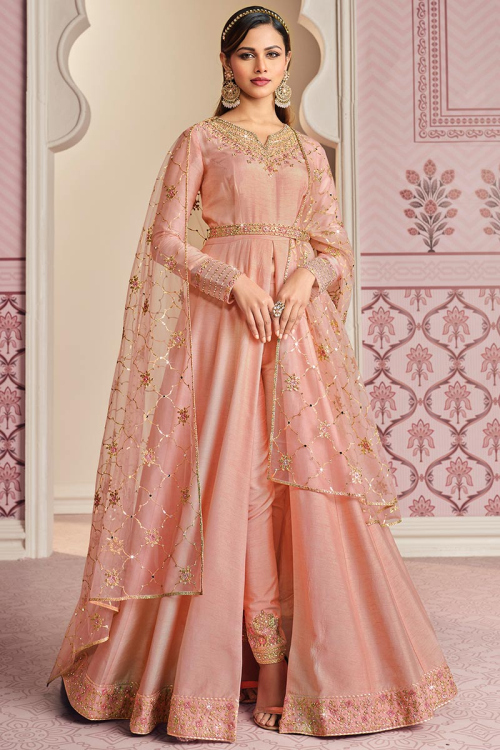 Salmon Peach Silk Front Slit Anarkali Suit