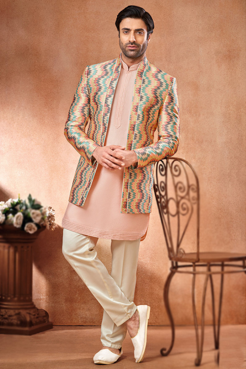 Salmon Peach Silk Men's Kurta Pajama With Embroidered Jacket