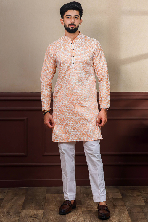 Salmon Peach Silk Resham Embroidered Men's Kurta Pajama