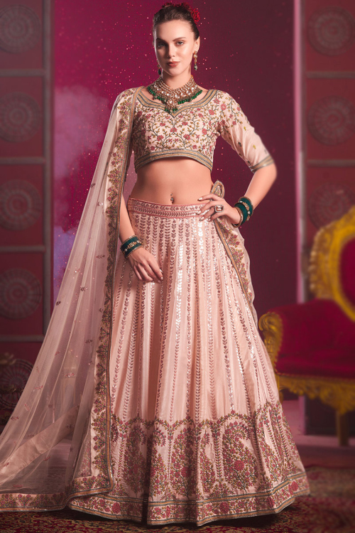 Salmon Peach Silk Sequins Embroidered Panelled Style Lehenga