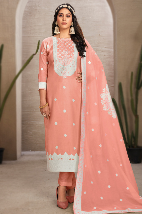 Salmon Peach Weaved Thread Casual Wear Chanderi Trouser Suit 