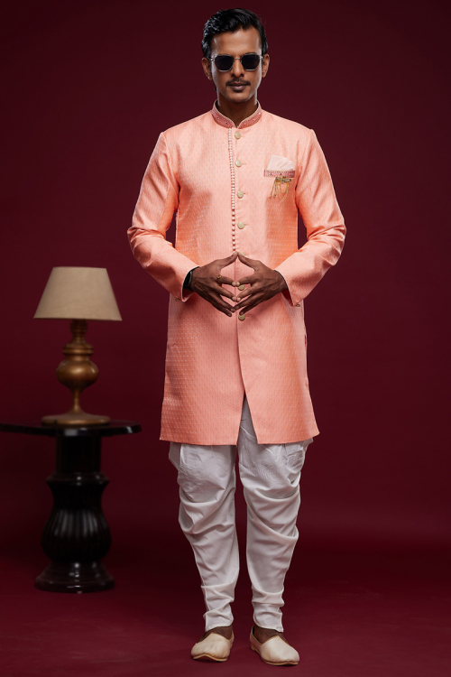 Salmon Peach Weaved Thread Jacquard Men's Sherwani