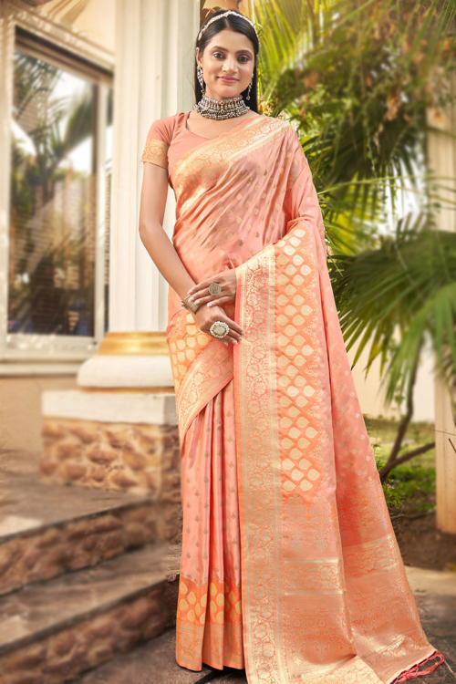 Salmon Peach Woven Zari Light Weight Silk Saree