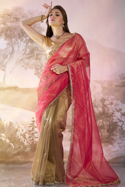Salmon Pink And Oat Beige Net Embroidered Half And Half Saree