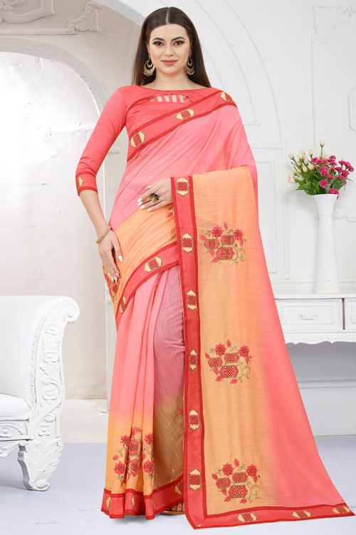 Salmon Pink And Peach Silk Embroidered Saree