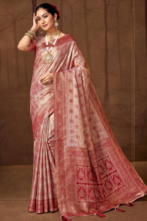 Salmon Pink Art Silk Broad Border Saree With Weaved Work