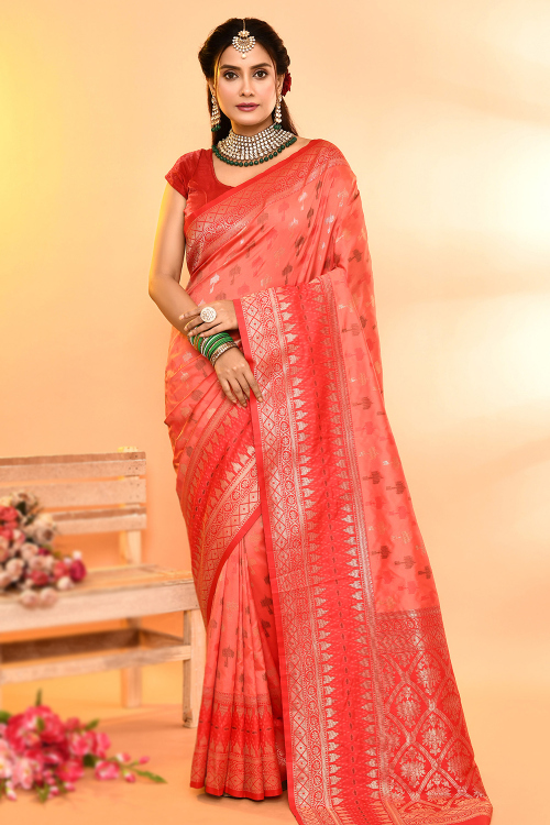 Salmon Pink Art Silk Saree With Weaved Work For Festival