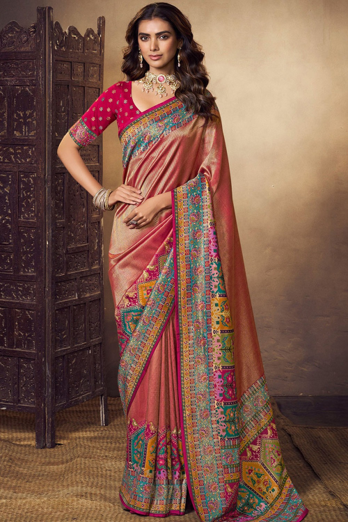 Salmon Pink Art Silk Saree With Weaved Work For Festival