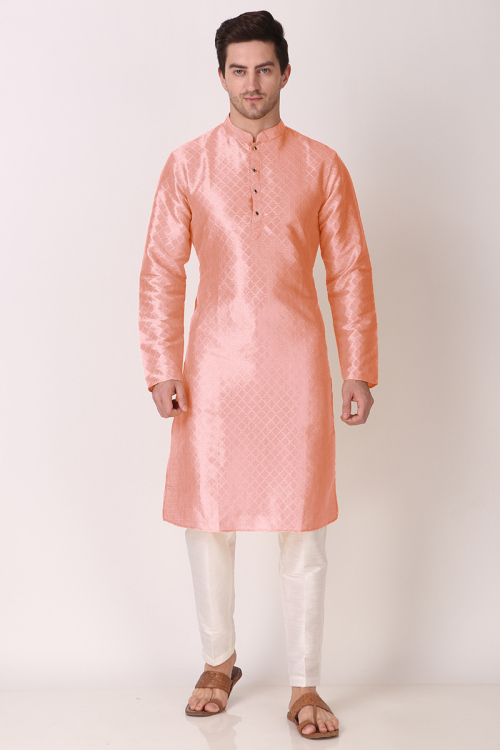 Salmon Pink Art Silk Woven Men's Kurta Pajama