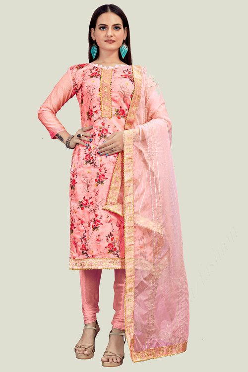Salmon Pink Chanderi Silk Embroidered Churidar Suit