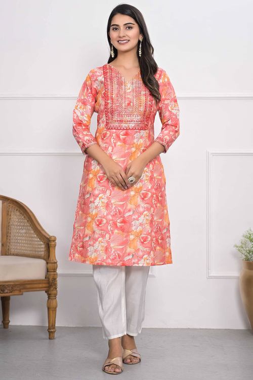 Salmon Pink Cotton Embroidered Straight Cut Kurti 