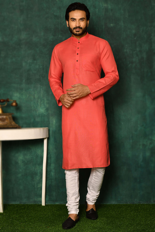 Wedding Wear Salmon Pink Cotton Men's Kurta with Churidar MKPA02014