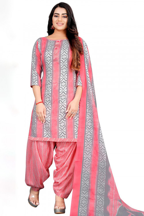 Salmon Pink Cotton Printed Casual Wear Patiala Suit