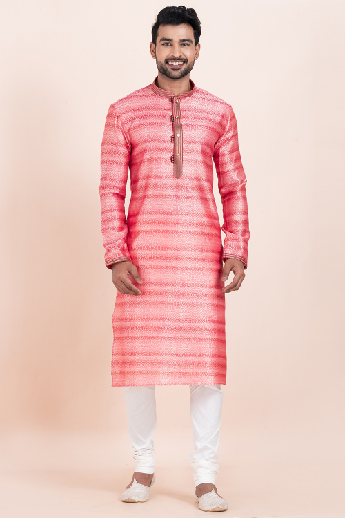 Salmon Pink Cotton Silk Men's Kurta Churidar With Printed Work