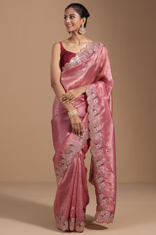 Salmon Pink Crushed Silk Embroidered Light Weight Saree