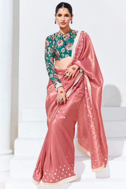 Salmon Pink Dori Embroidered Lightweight Tissue Saree 