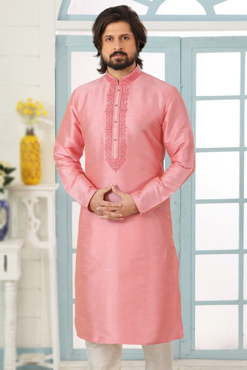 Salmon Pink Dupion Silk Embroidered Straight Cut Men's Kurta