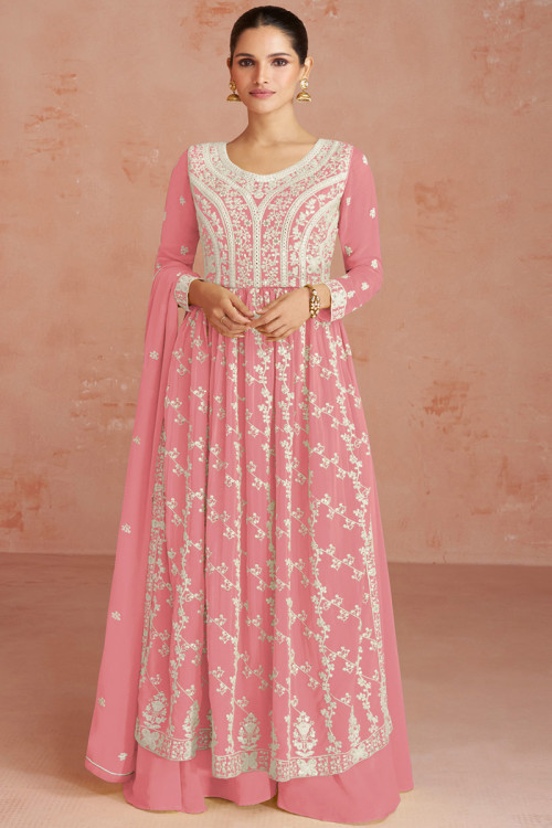 Salmon Pink Georgette Embroidered Palazzo Suit For Sangeet 