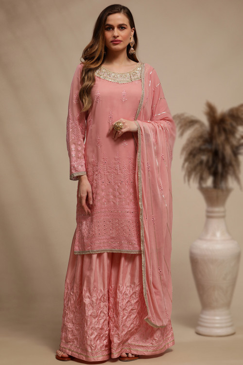Salmon Pink Georgette Embroidered Sharara Suit For Eid 