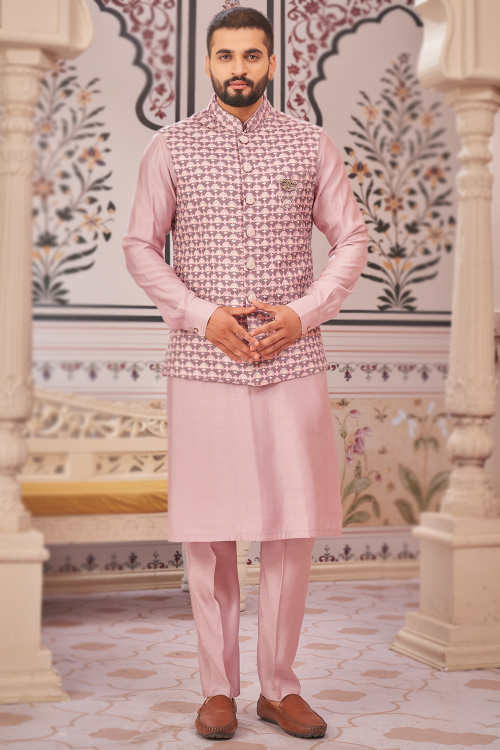 Salmon Pink Jacket Style Silk Plain Men's Kurta With Trouser Pants