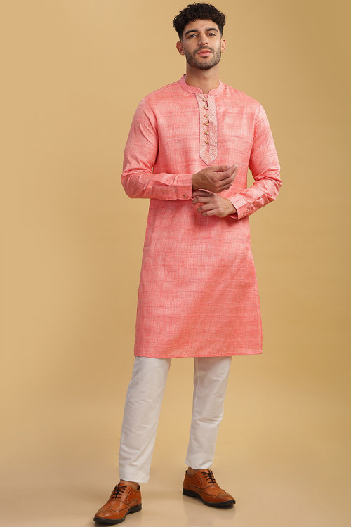 Salmon Pink Lace Embroidered Cotton Casual Wear Men's Kurta Pajama