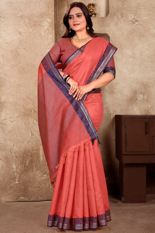Salmon Pink Linen Woven Zari Light Weight Saree