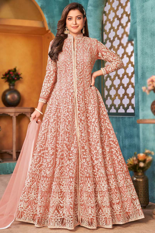 Anarkali Style Anarkali Suit in Net Salmon Pink for Party 