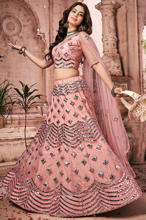 Salmon Pink Net Embroidered Indian Bridesmaid Wear Lehenga