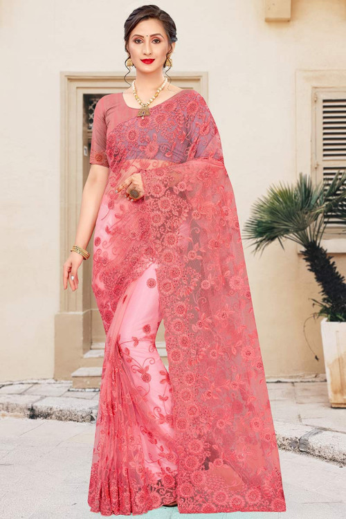 Fashion Blouses Embroidered Net Blush Pink Saree SARV143393