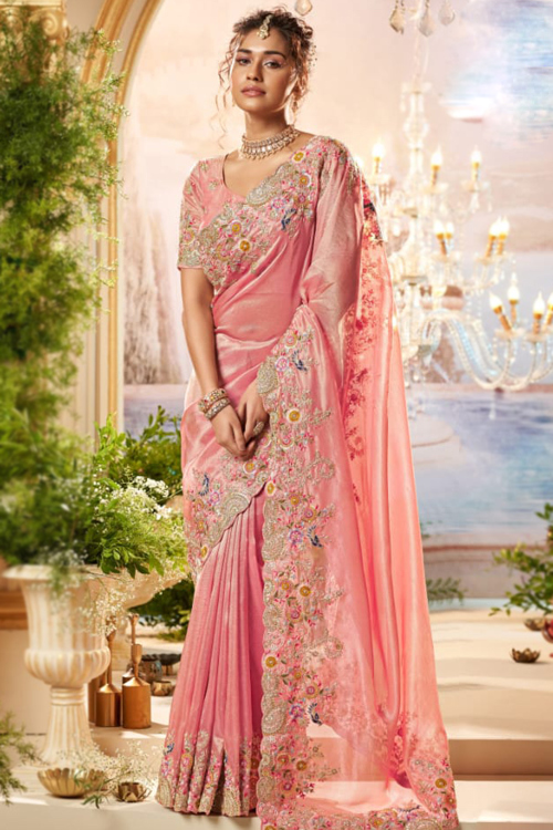 Salmon Pink Organza Embroidered Light Weight Saree