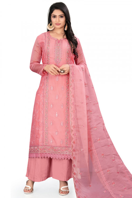 Salmon Pink Organza Resham Embroidered Palazzo Suit