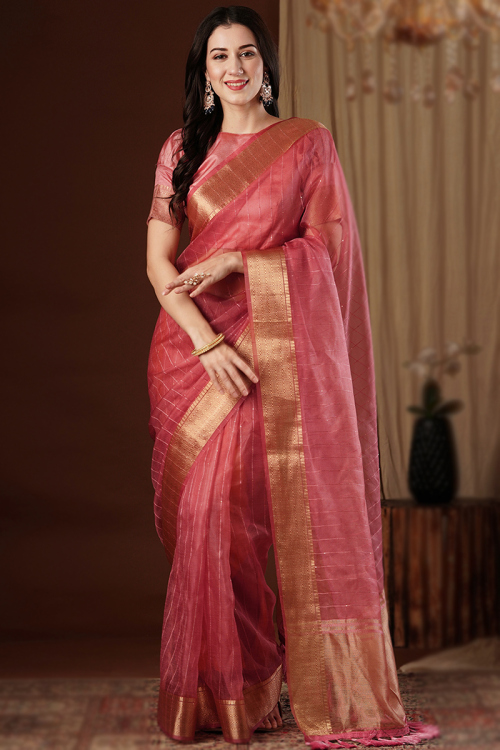 Salmon Pink Organza Woven Zari Light Weight Saree