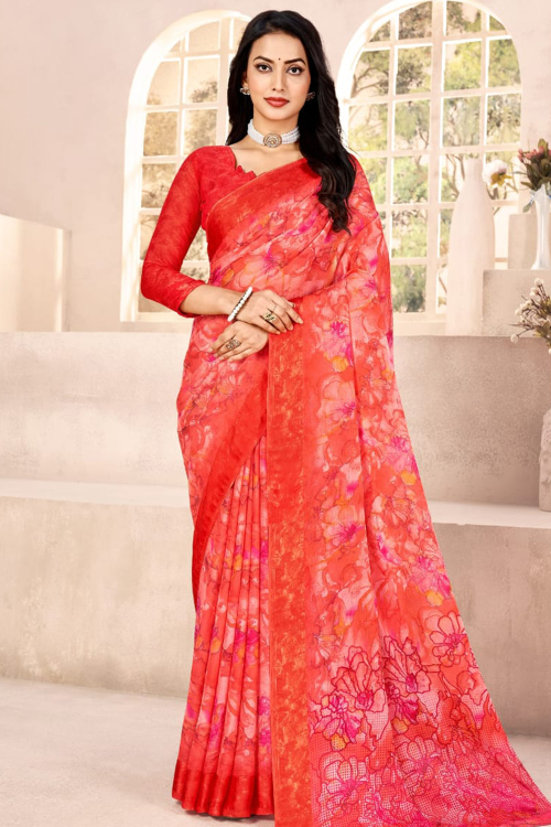 Salmon Pink Printed Chiffon Saree For Casual Wear