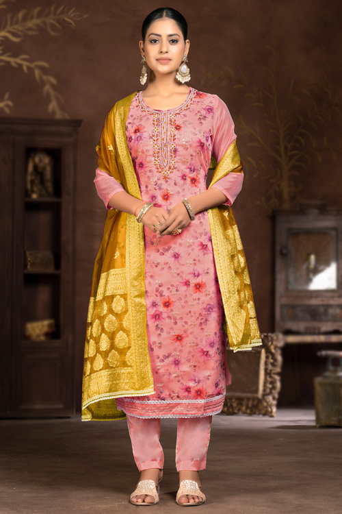 Salmon Pink Organza Printed Straight Cut Salwar Suit