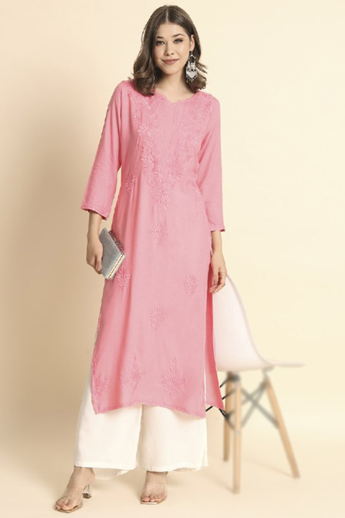Salmon Pink Rayon Embroidered Ready to Wear Straight Cut Casual Wear Kurti